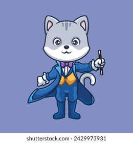 Magician Grey Cat Cartoon Cute Illustration