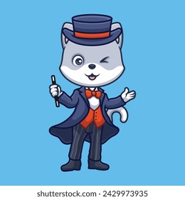 Magician Grey Cat Cartoon Cute Illustration