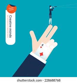 Magician hand with an ace up his sleeve and businesswoman with spyglass. Vector illustration Eps10 file. Global colors. Text and Texture in separate layers.