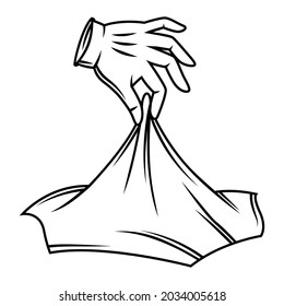 Magician hand with glove lifts the fabric. Trick or magic illustration.