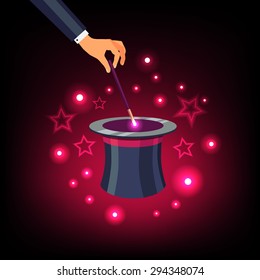 Magician hand holding a magic wand and waving it over a magical top hat with star sparkles. Flat vector isolated illustration and background.
