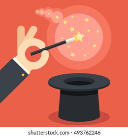 Magician hand holding magic wand cylinder hat flat design vector illustration