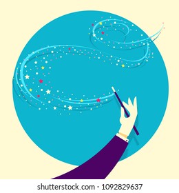 Magician hand holding magic wand.vector illustration of trick on white background for text