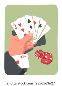 Magician hand holding playing cards, ace in sleeve. Sharper person hand playing poker game or showing tricks with cards and dice. Gambling, casino, magic, illusion sticker flat vector illustration