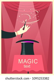 Magician hand with magic hat and wand on poster.Vector illustration of show theater background for text