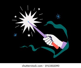 Magician hand with magic wand. Modern flat with lines vector design.