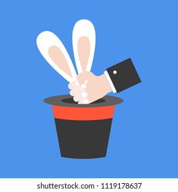 Magician hand pull rabbit out of hat, flat design