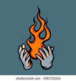 Magician hand wearing gloves clapping fire. Magic vector concept. Fire, flame, heat illustration