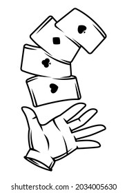 Magician hand in white glove with playing cards. Trick or magic illustration.