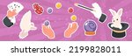 Magician hands, magic wand and rabbit in hat. Illusionist hands juggle, hold playing cards show trick, dices, dove, magical sphere set. Entertainment performance stickers flat vector illustration