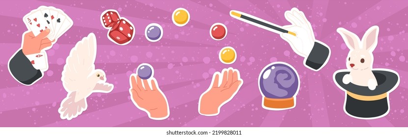 Magician hands, magic wand and rabbit in hat. Illusionist hands juggle, hold playing cards show trick, dices, dove, magical sphere set. Entertainment performance stickers flat vector illustration