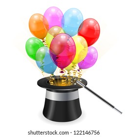 Magician Hat with 3D Transparent Birthday Balloons and Streamer, easy change color, icon isolated on white background, vector illustration