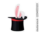 Magician hat with bunny ears. Circus show with magic hat and rabbit. Vecrtor illustration of circus hat and show rabbit, bunny wizard surprise, illusionist trick