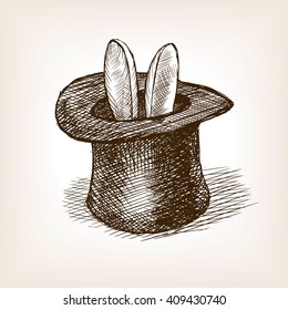 Magician hat with bunny ears sketch style vector illustration. Old hand drawn engraving imitation. 