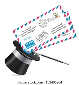 Magician Hat with Envelopes and Wand, isolated on white background, vector illustration