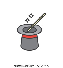 Magician hat flat line colored icon.