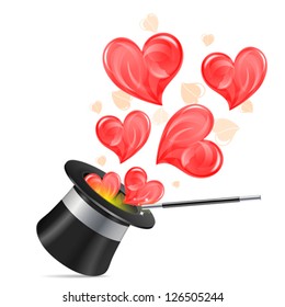 Magician Hat with Hearts and Wand, isolated on white background, vector illustration