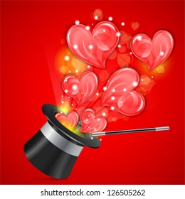 Magician Hat with Hearts and Wand, vector illustration