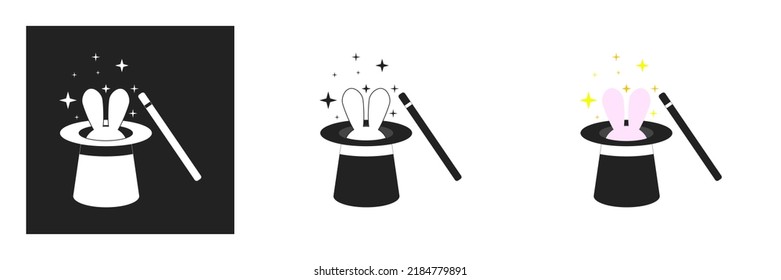 magician hat icon with magic wand and rabbit. Symbol of magic, focus. Vector illustration isolated on white background