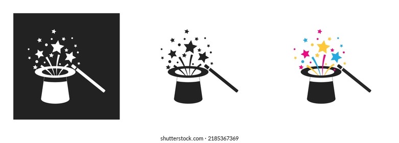 magician hat icon with magic wand and stars. Symbol of magic, focus. Vector illustration isolated on white background