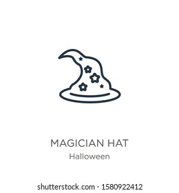 Magician hat icon. Thin linear magician hat outline icon isolated on white background from halloween collection. Line vector sign, symbol for web and mobile