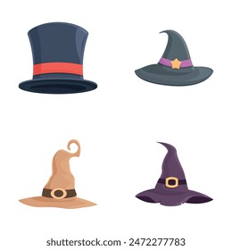 Iconos de sombrero de mago conjunto de dibujos animados Vector. Viejo mago o sombrero de hechicera. Halloween