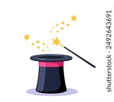 Magician hat and magic wand icon isolated on white background. Simple vector illustration