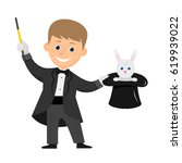 Magician with hat and magic wand. Isolated on white background. Flat style. Vector illustration