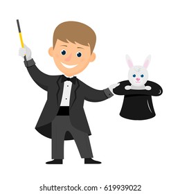 Magician with hat and magic wand. Isolated on white background. Flat style. Vector illustration