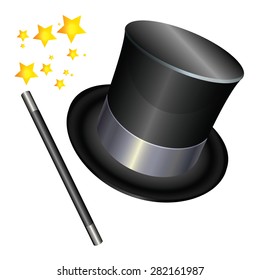 Magician hat  and a magic wand on white background. Vector
