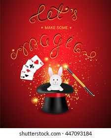 Magician hat with a magic wand, magic shine and white rabbit on a red background with a place for your text. Magic show template.Vector illustration