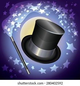 Magician hat  and a magic wand. Vector illustration