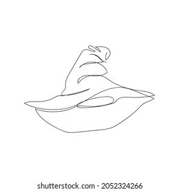 Magician hat one line art. Continuous line drawing of halloween theme, autumn mood, horrible, performance, fortune teller, gypsy, magic attribute, halloween costume, spell