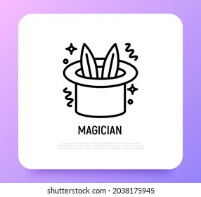 Magician hat with rabbit ears thin line icon. Modern vector illustration. Logo for entertainment show.