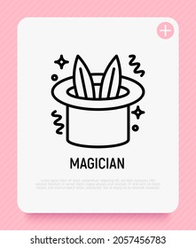 Magician hat with rabbit ears thin line icon. Modern vector illustration. Logo for entertainment show.