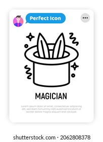 Magician hat with rabbit ears thin line icon. Modern vector illustration. Logo for entertainment show.