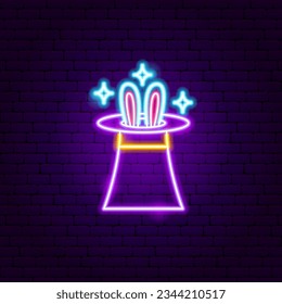 Magician Hat with Rabbit Neon Sign. Vector Illustration of Entertainment Festival Glowing Symbol.