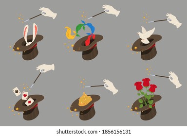 Magician hat set, flat vector isolated illustration. Illusionist hand with wand and magic cylinder hat for performing tricks with bird, rabbit, bouquet of flowers, ribbons, playing cards.