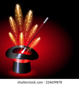 Magician hat with sparkle fireworks on red background