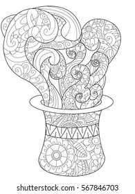 Magician hat with steam and smoke coloring book for adults vector illustration magic.