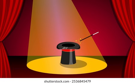 Magician Hat and Stick Vector, Magic Hat, Magician Stick, Stage Illustration 