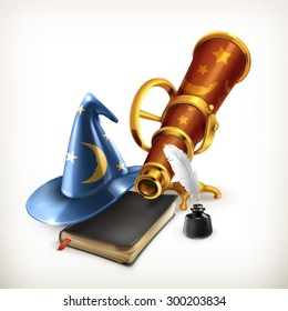 Magician hat and telescope, vector illustration