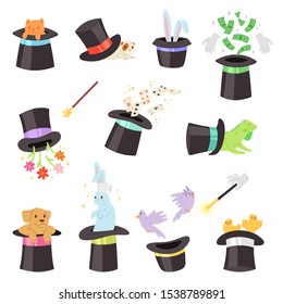 Magician hat vector illusionist show with animal character cat dog playing cards in magical hat illustration. Set of cartoon magic show with bunny birds illusion isolated on white background.