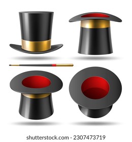 Magician hat and wand. 3d illusionist black cylinder, different angles cap, circus focus accessories. Realistic mystical tricks equipment, wizard performance isolated element, utter vector set