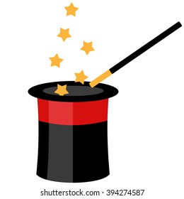 Magician hat and wand isolated on white background, vector illustration.