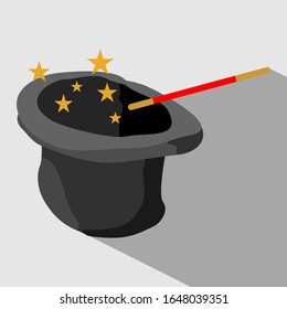 Magician Hat and Magician Wand, isolated vector icons with long shadows on a white background.