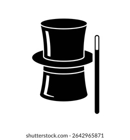 Magician hat and wand magic trick icon.