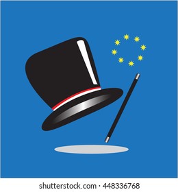 Magician Hat with Magician Wand, on blue background, vector illustration