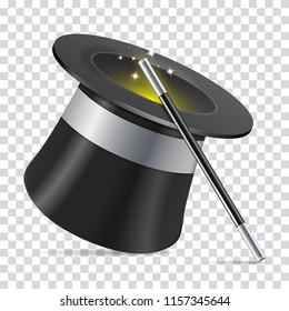 Magician Hat with Magician Wand, realistic vector icon isolated on transparent background