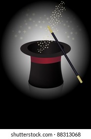 Magician Hat, Wand and Stars in Beam of Light